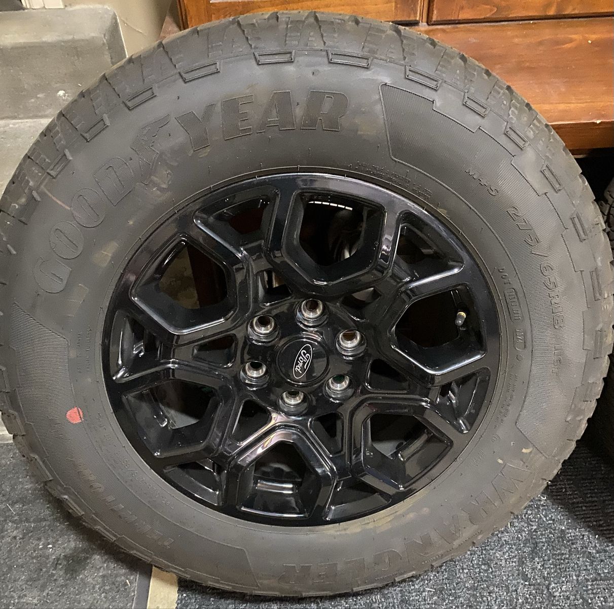 Ford OEM 18 Black Wheels Goodyear Wrangler Territory AT Tires 275/65R18 Set of 4