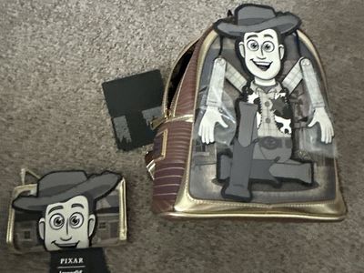 Loungefly Disney Pixar Woody Toy Story Mini Backpack & Wallet Set Gold Brown Black NEW