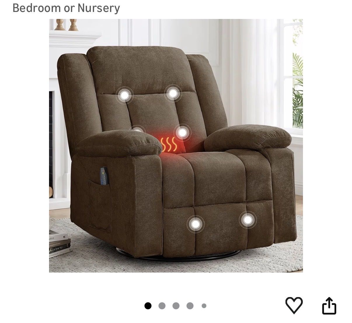 KORSER LSJJ-BL-NEW-8087 Brown Swivel Recliner w/ Heat & Massage for Nursery/Bedroom