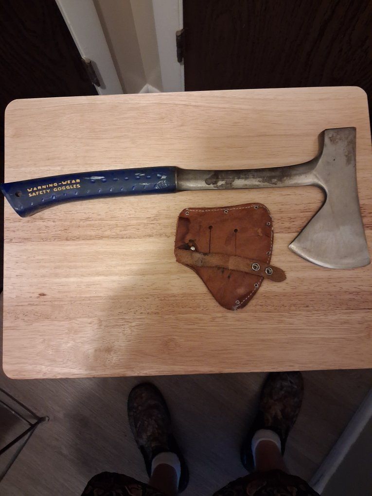 Estwing Solid Steel Axe Hatchet with Blue Shock Reduction Grip & Leather Sheath