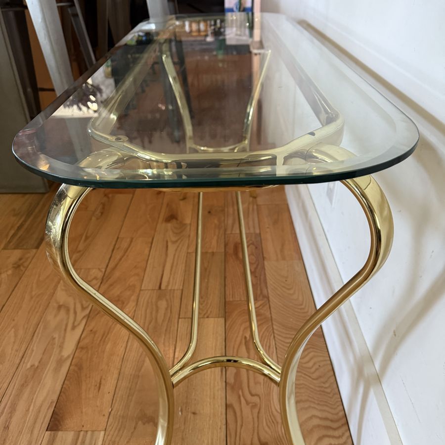 Vintage Hollywood Regency Style Brass & Glass Console Table
