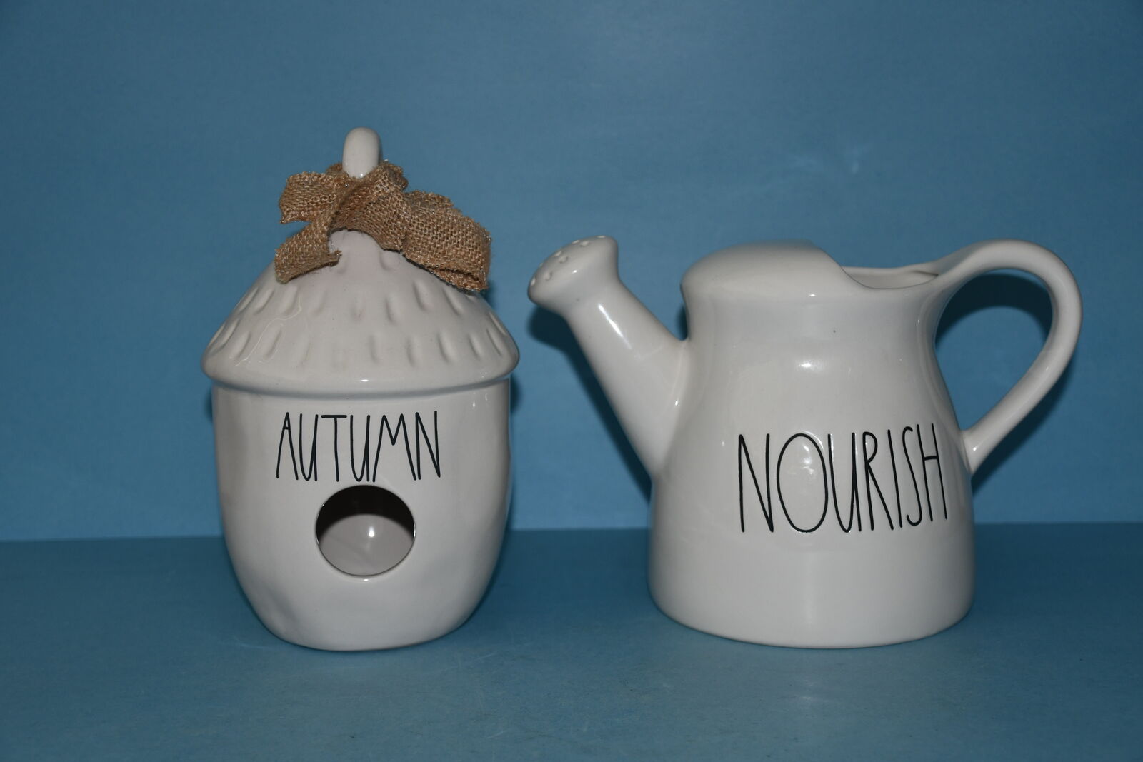 2 WHITE CERAMIC DECOR ITEMS ~NWT "AUTUMN" BIRDHOUSE & "NOURISH" WATERING CAN ~ RAE DUNN ~ NO CHIPS!