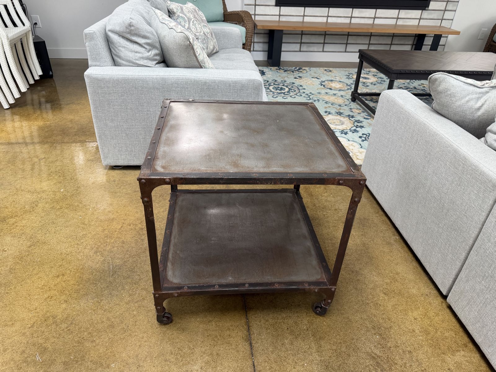 Industrial Metal End Table with Casters and Lower Shelf