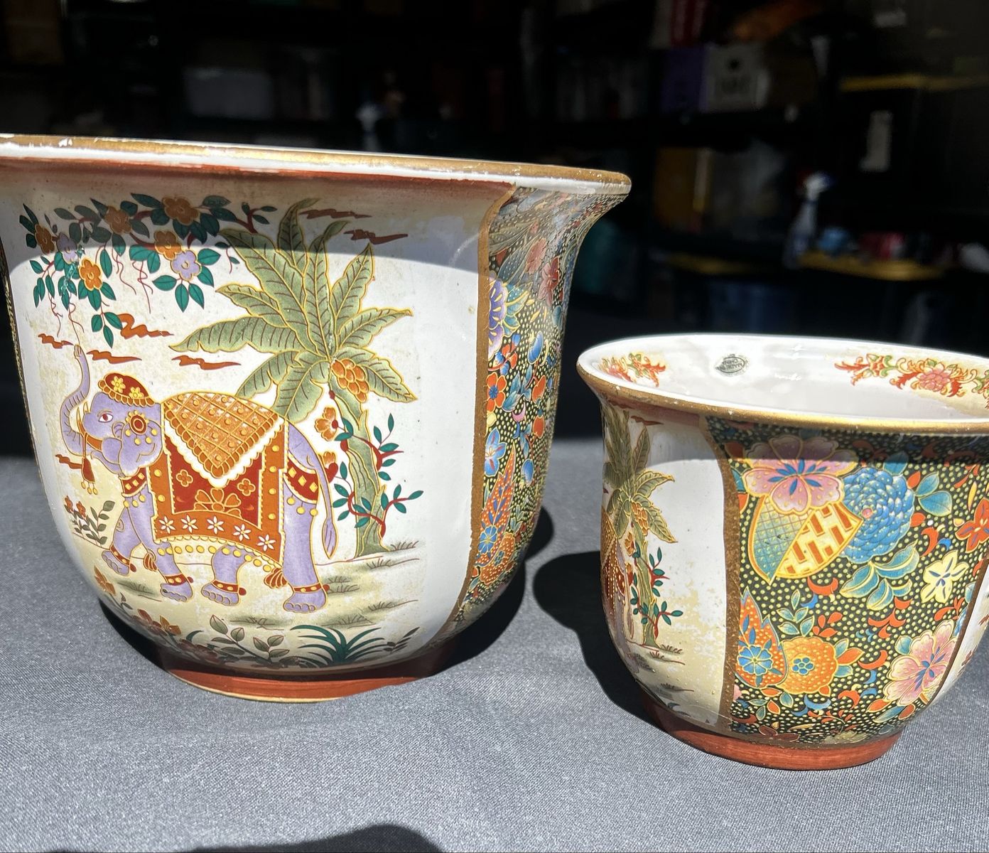 Vintage Oriental Elephant Palm Tree Ceramic Jardiniere Planter