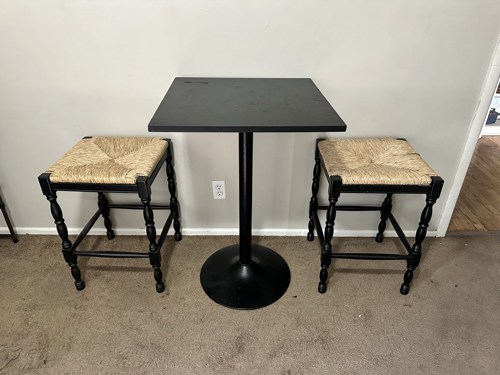 Black Bar Table and Two Stools with Woven Rush Seats