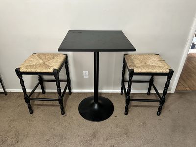 Black Bar Table and Two Stools with Woven Rush Seats