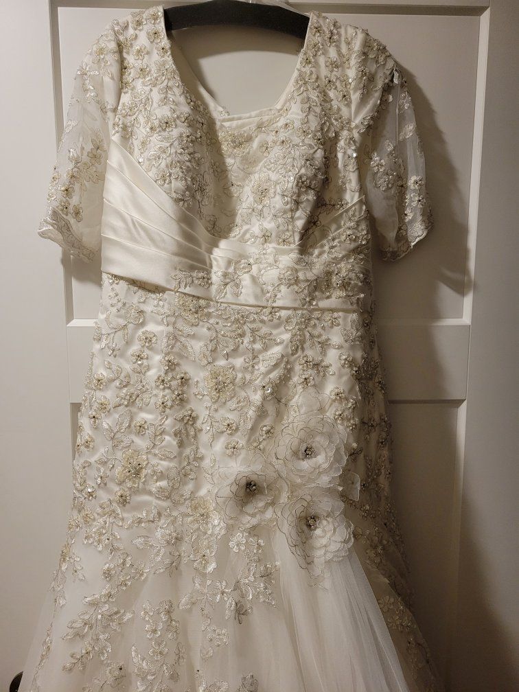 Ivory Wedding Dress Adjustable Size 10-14  Beautiful, Beaded and Pearl Embroidery  With Crystals Worn Twice