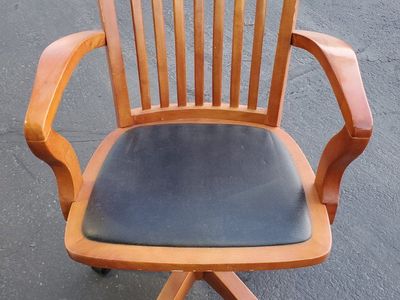 Classic Wooden Swivel Office Chair with Black Faux Leather Seat - Traditional Style