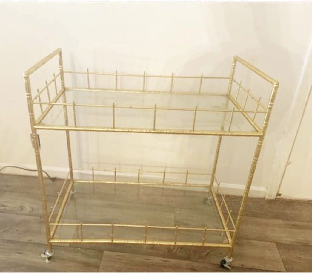 Gold Serving Cart with Two Glass Shelves and Locking Wheels