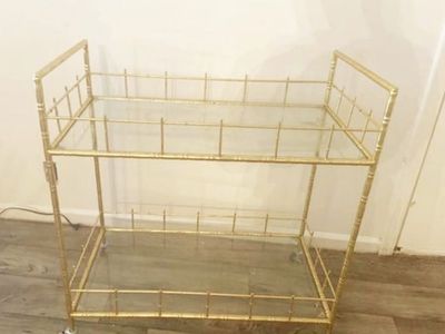 Gold Serving Cart with Two Glass Shelves and Locking Wheels