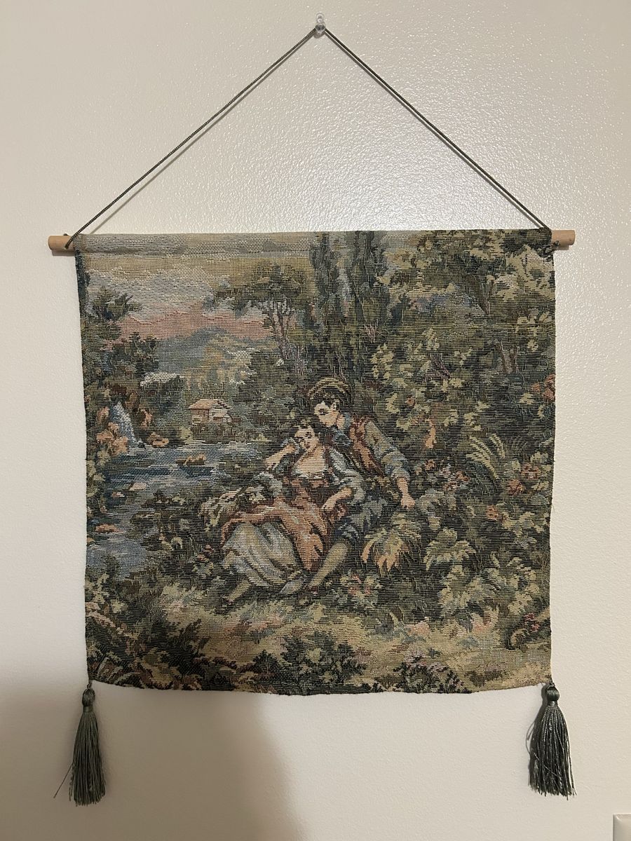 Vintage French Loving Couple Wall Hanging Tapestry 15.5" x 14.5" with Tassels Cash Only