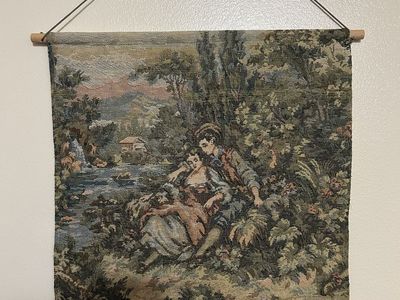 Vintage French Loving Couple Wall Hanging Tapestry 15.5" x 14.5" with Tassels Cash Only
