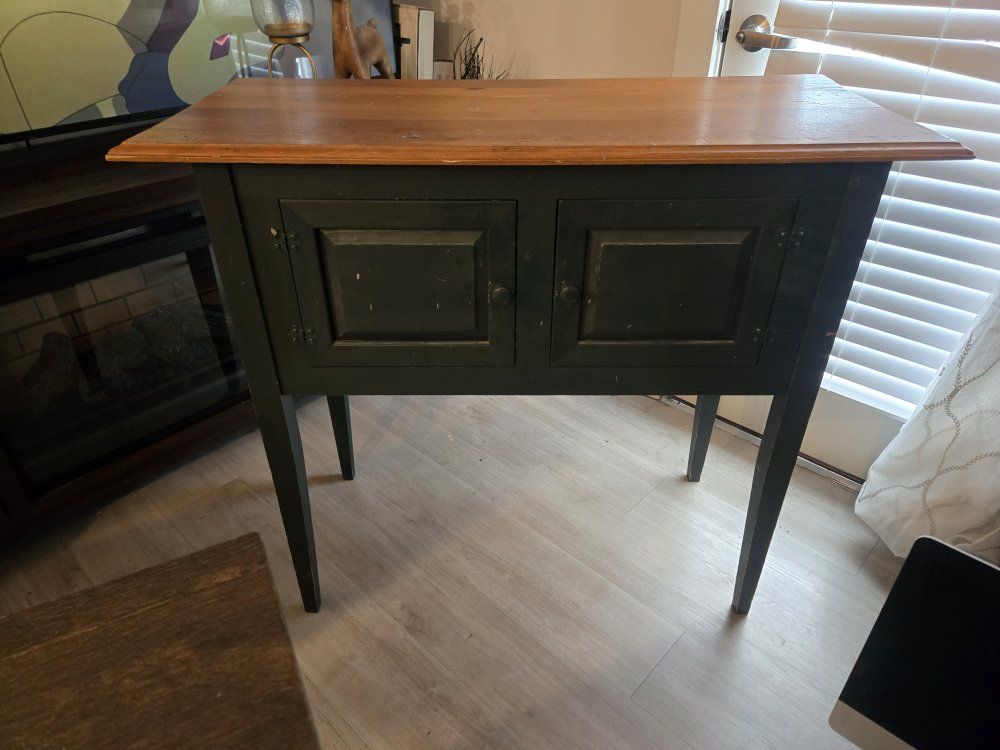 Vintage Farmhouse Style Wood Cabinet with Distressed Green Finish & Natural Wood Top