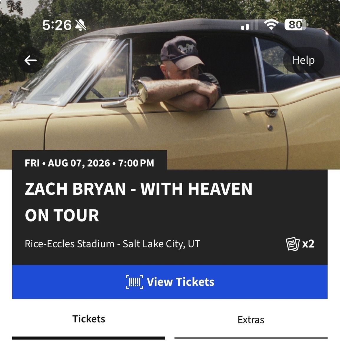 Zach Bryan Concert Tickets - 2 Floor GA - Rice-Eccles Stadium Aug 7, 2026 $275 each