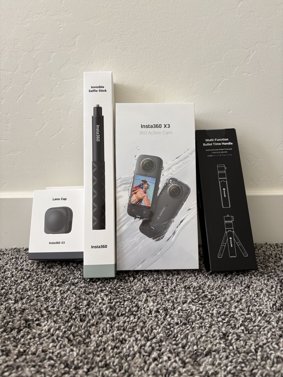 Brand New Insta360 X3 360 Action Camera Bundle – Selfie Stick, Bullet Time Handle & Lens Cap