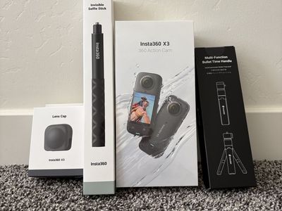Brand New Insta360 X3 360 Action Camera Bundle – Selfie Stick, Bullet Time Handle & Lens Cap