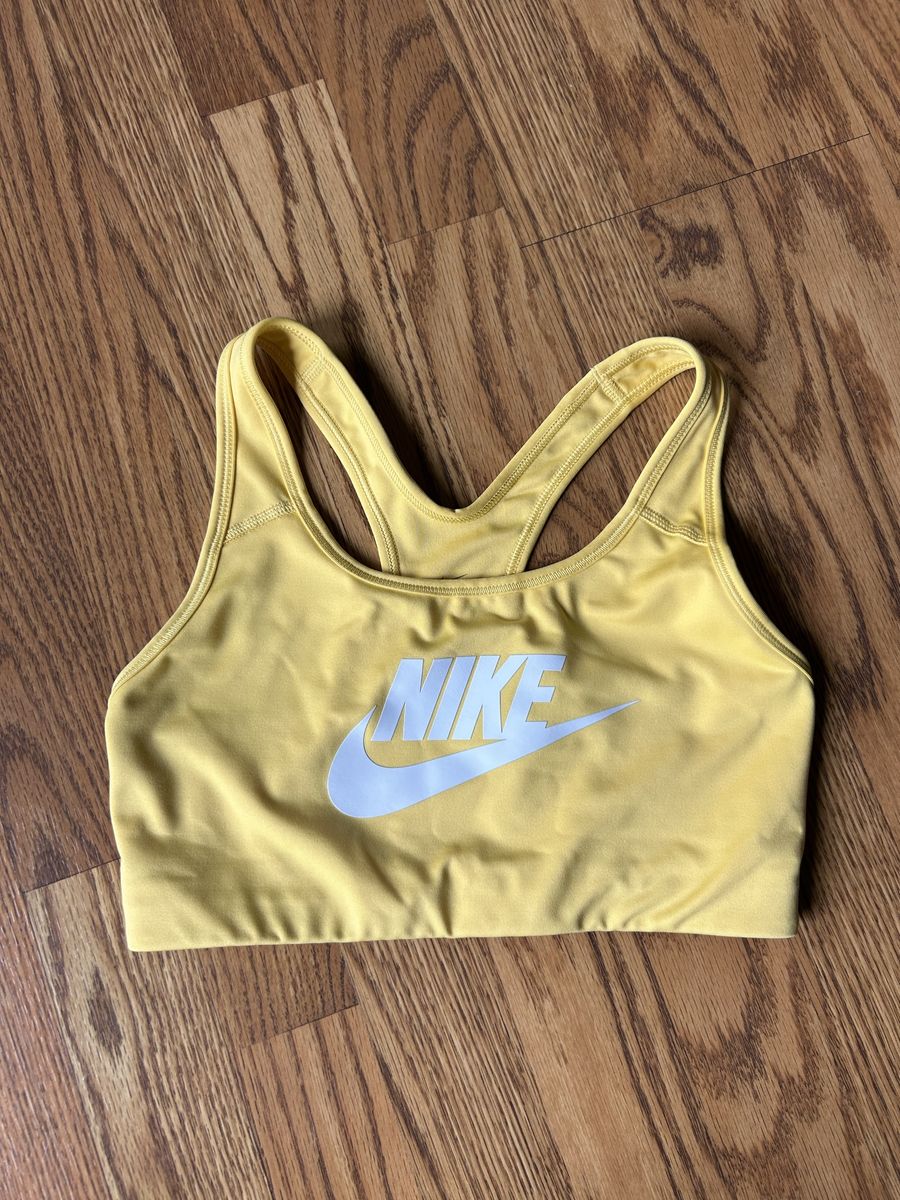Nike Dri-Fit Women's Yellow Sports Bra with Large White Swoosh Logo - Racerback, No Removable Pads