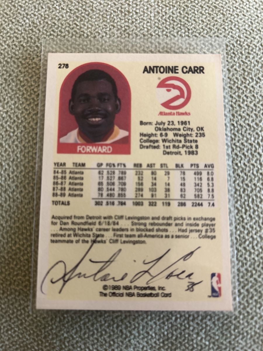 1990 NBA Hoops Antoine Carr #278 Basketball Card Atlanta Hawks Autograph NBA Utah Jazz Hand Signed Auto