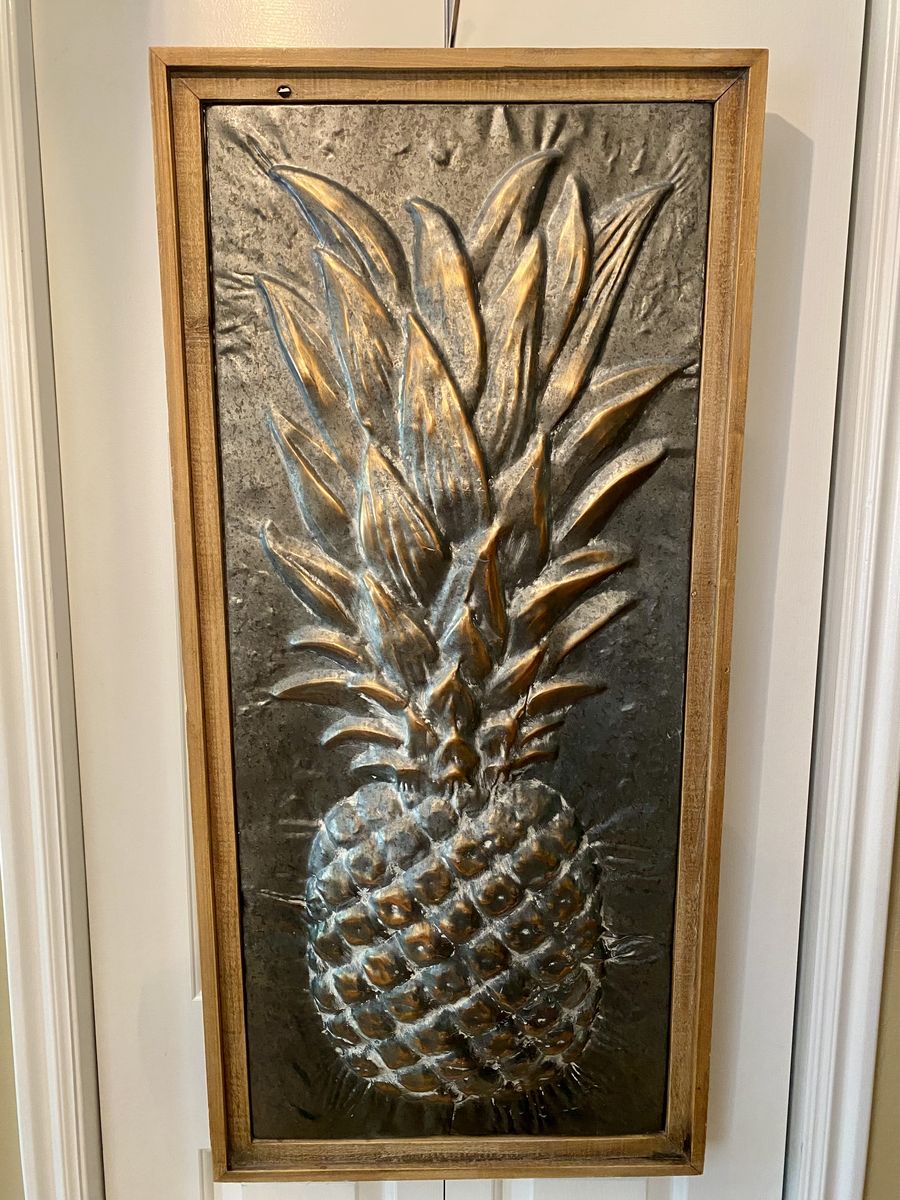 42.5 x 20 Farmhouse 3D Galvanized Metal Pineapple w/ Wood Frame - LARGE 42.5 X 20 - Statement ART - C PIX