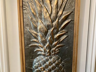 42.5 x 20 Farmhouse 3D Galvanized Metal Pineapple w/ Wood Frame - LARGE 42.5 X 20 - Statement ART - C PIX