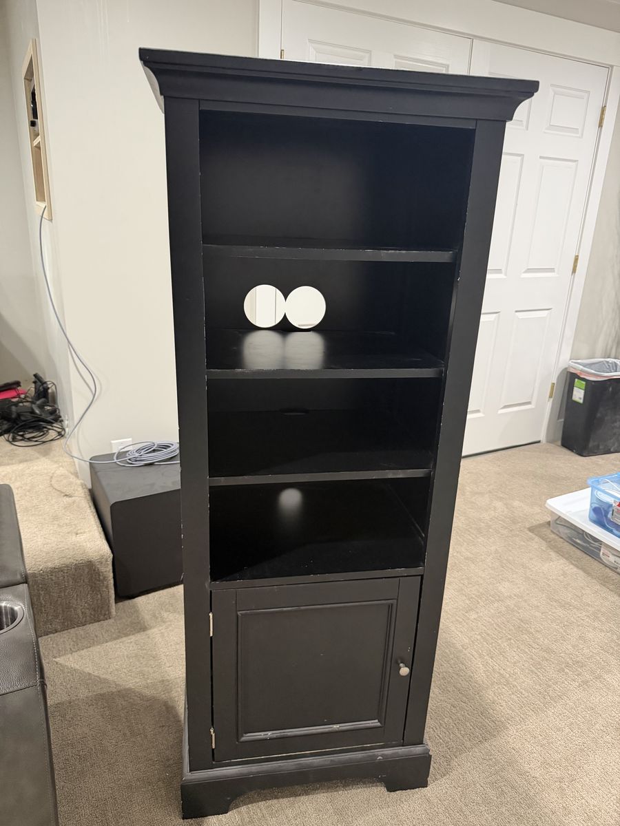 Black Tall Media Tower Storage Cabinet with Shelves and Lower Cabinet