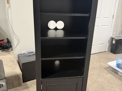 Black Tall Media Tower Storage Cabinet with Shelves and Lower Cabinet