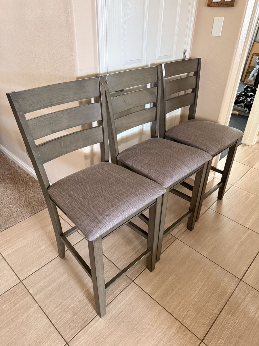 Set of 3 Gray Counter Height Chairs - Wood Frame, Upholstered Seats