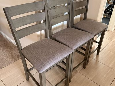 Set of 3 Gray Counter Height Chairs - Wood Frame, Upholstered Seats