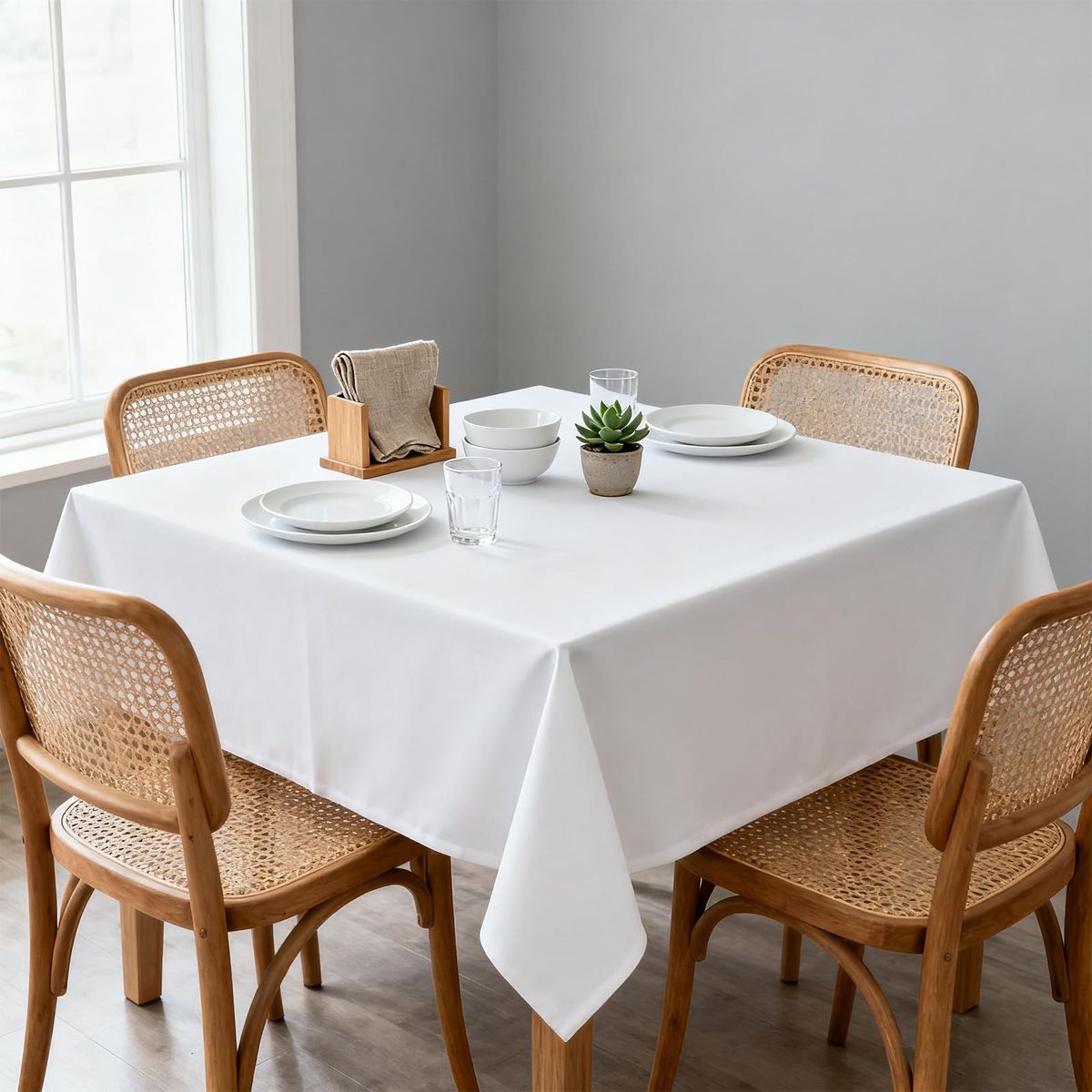 Set of 8 White Square Tablecloths for Events and Dining and I will throw in a round one.