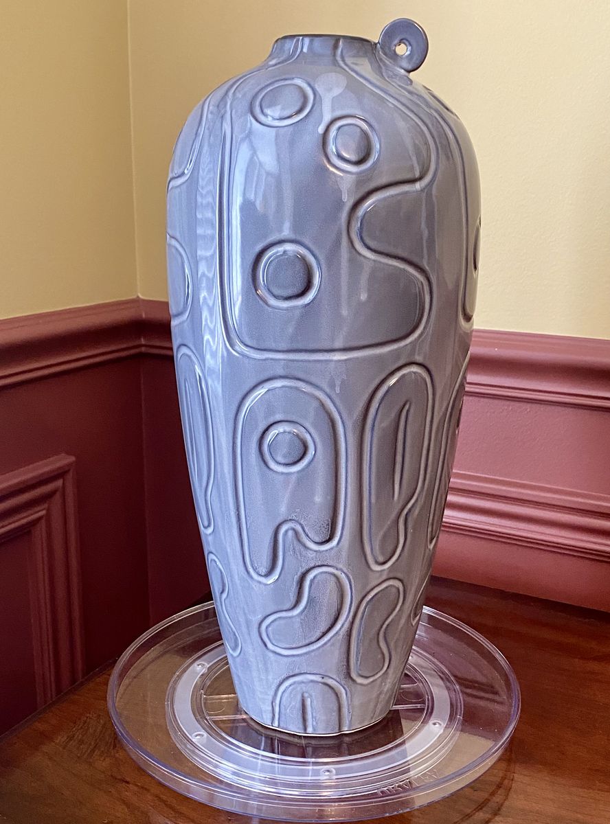 LIKE NEW - 16” Italian Modern Gray Glazed and Incised Ceramic Vase. No chips, cracks or damage. See last photo @ $7800 for 3.