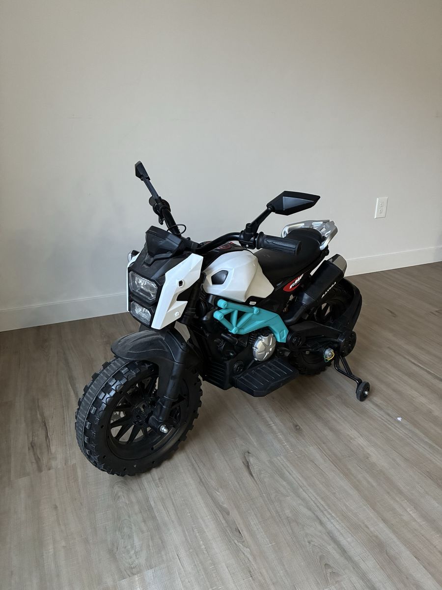 Kids' Electric Ride-On Motorcycle - White & Black with Training Wheels