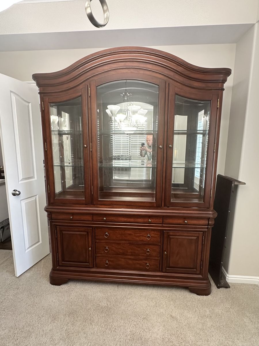 Classic Cherry Wood Display Hutch - 86" H x 64" W, Glass Shelves & Mirror Back