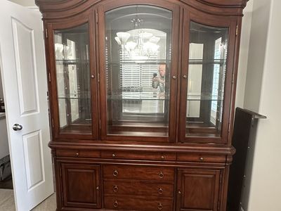 Classic Cherry Wood Display Hutch - 86" H x 64" W, Glass Shelves & Mirror Back
