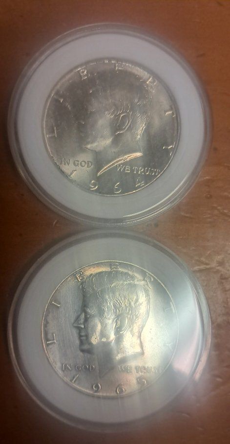 2 Kennedy Half Dollars 1964 90% Silver & 1965 40% Silver Coins in Protective Capsules