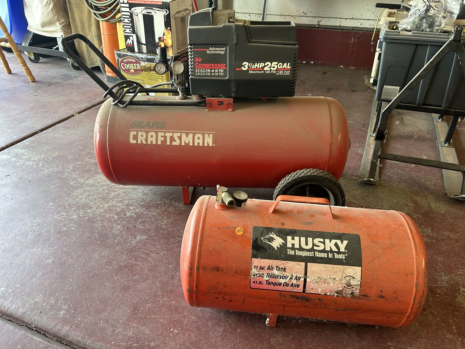 Sears Craftsman 3.5 HP 25 Gallon Air Compressor & Husky 11 Gallon Air Tank