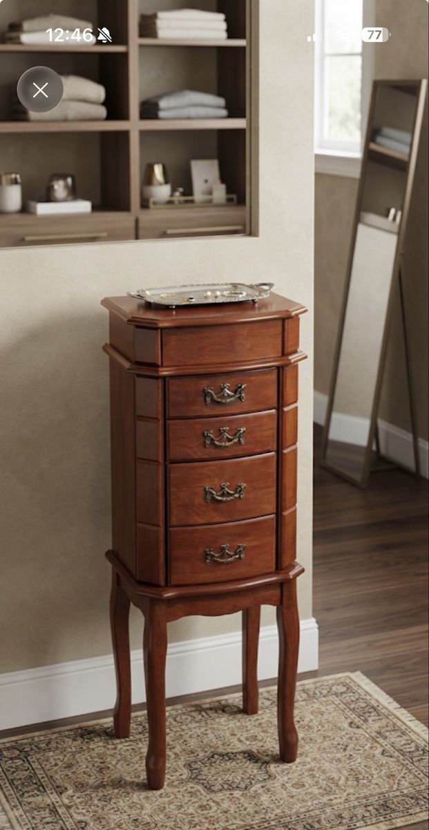 Wooden Jewelry Armoire Standing Cabinet with Drawers and Swing-Out Sides