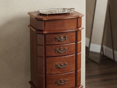 Wooden Jewelry Armoire Standing Cabinet with Drawers and Swing-Out Sides