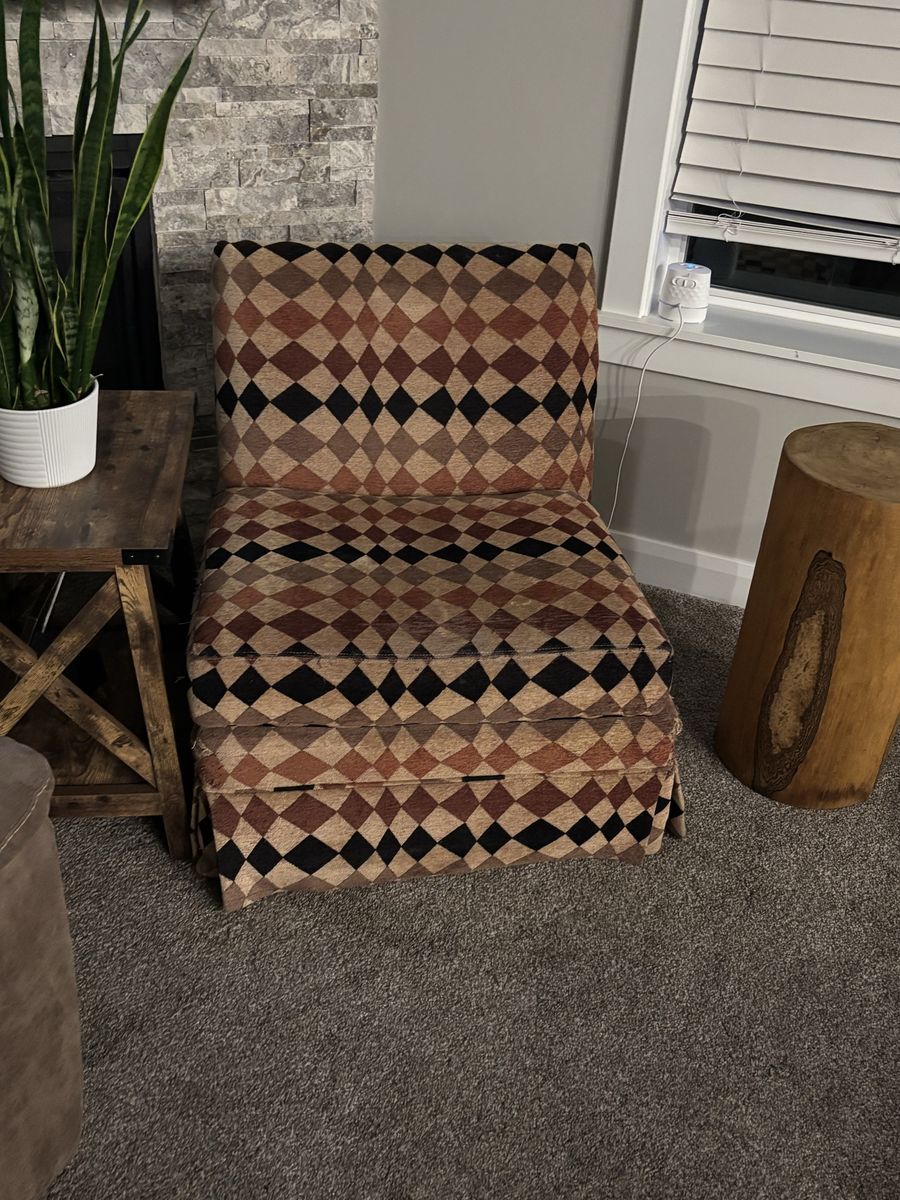 Geometric Diamond Pattern Fabric Chair Earth Tones.