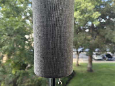 Modern Table Lamp with Cylindrical Gray Shade and Black Base