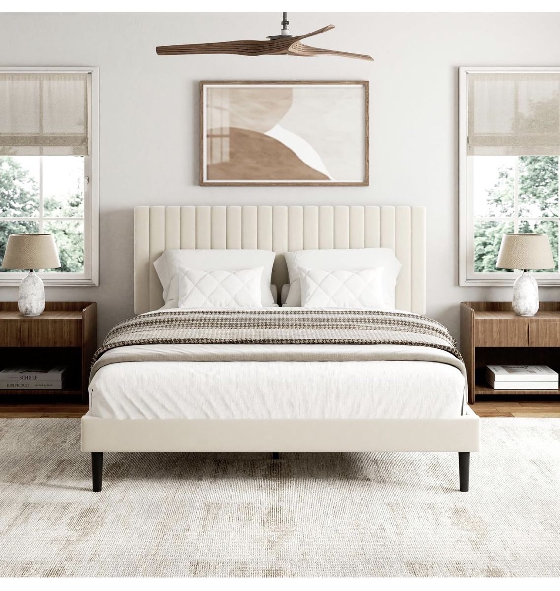 Full Size Bed Frame with Velvet Upholstered Headboard, Platform Bed with Strong Wood Slats