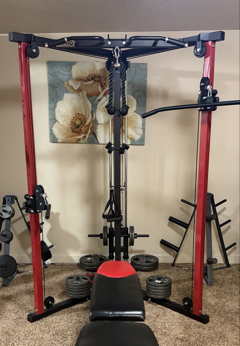 GMWD functional trainer latch pulldown weight plate loaded