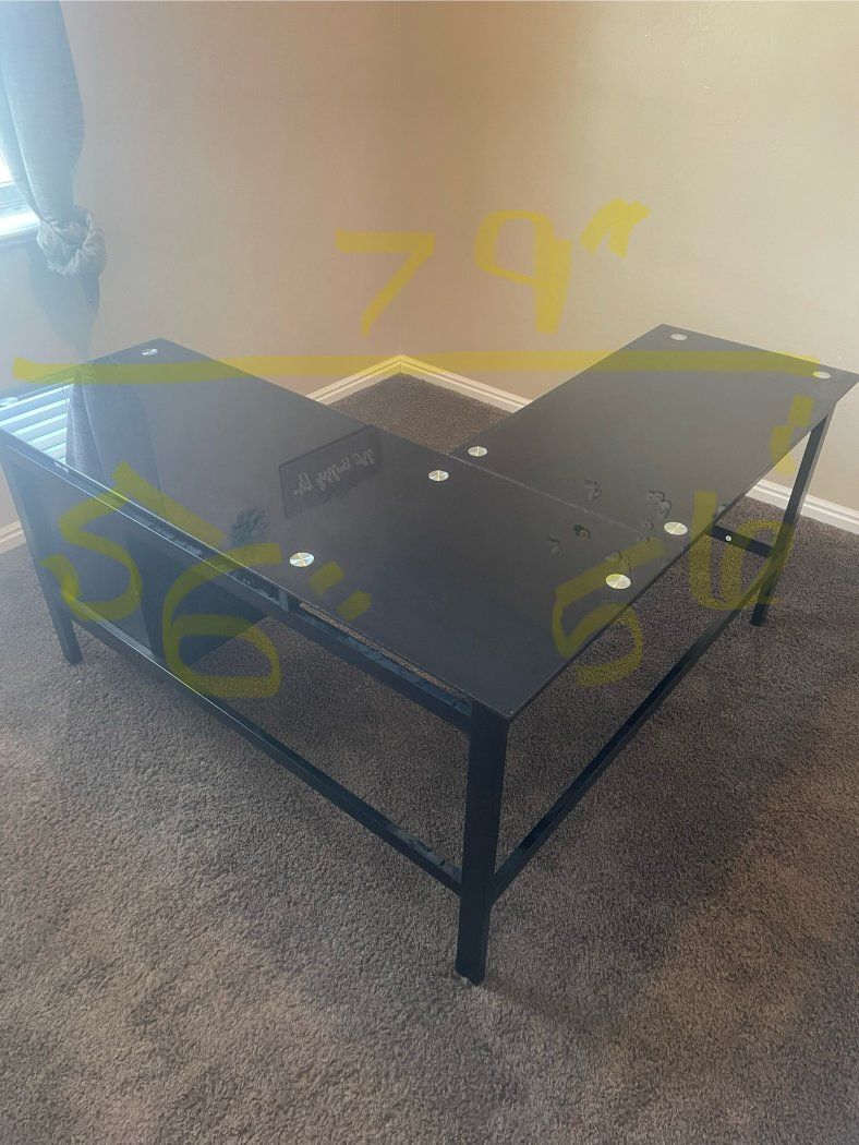 Black L-Shaped Glass Top Office Desk - Modern Corner Workstation with Metal Frame