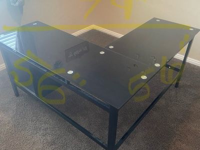 Black L-Shaped Glass Top Office Desk - Modern Corner Workstation with Metal Frame