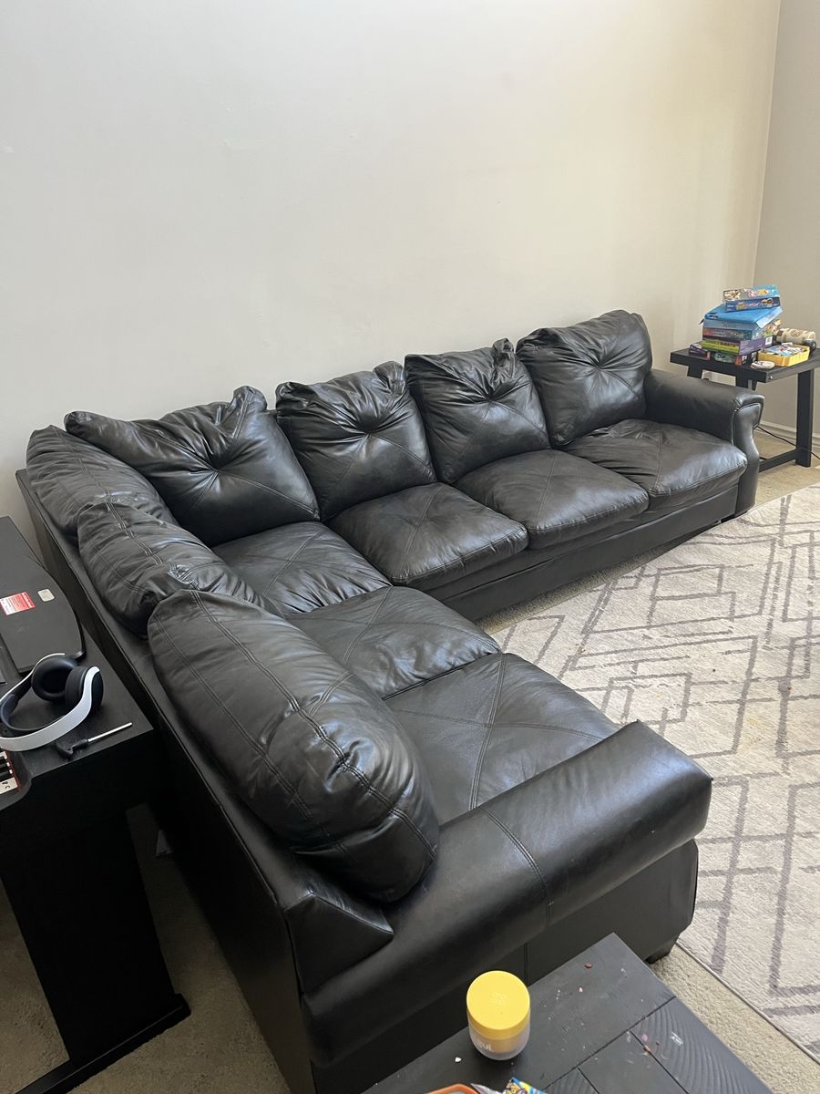 Black Leather Sectional Sofa - Spacious L-Shape Couch, Good Condition