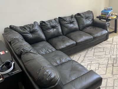 Black Leather Sectional Sofa - Spacious L-Shape Couch, Good Condition