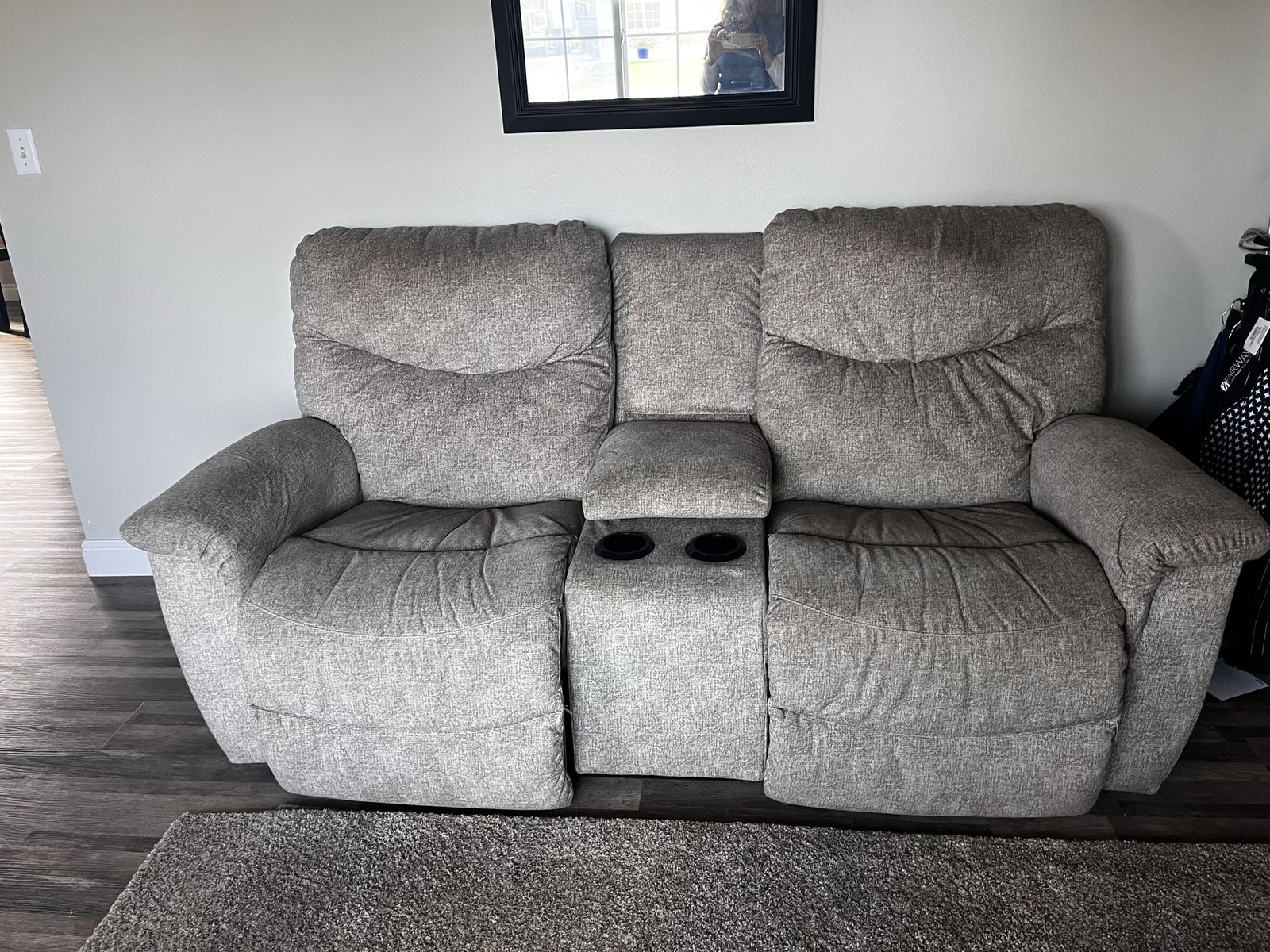 Gray Reclining Loveseat with Console and Cupholders - Excellent Condition