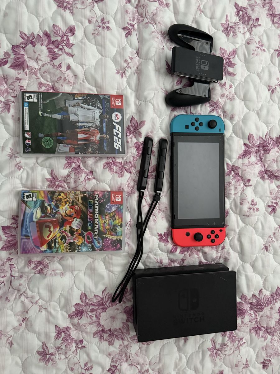Nintendo Switch Console Bundle - Neon Red/Blue Joy-Cons, Dock, Mario Kart 8 & FIFA26