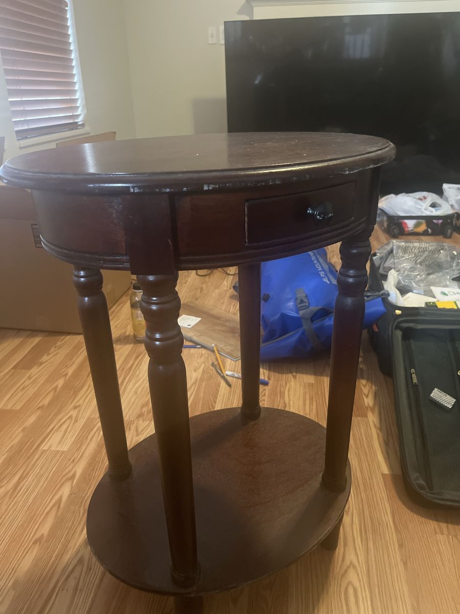 Round Wood End Table with Drawer - Dark Cherry Finish