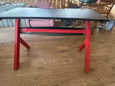 Red and Black Gaming Desk with Cup Holder and Headphone Hook