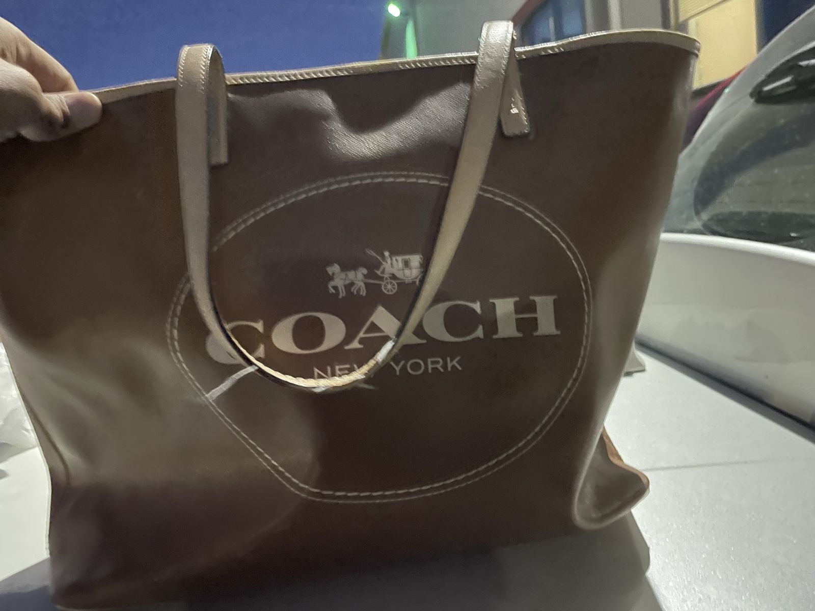 Coach Brown Patent Leather Tote Bag with Large Logo - Used, Damaged Hand Strap,  no shoulder strap.